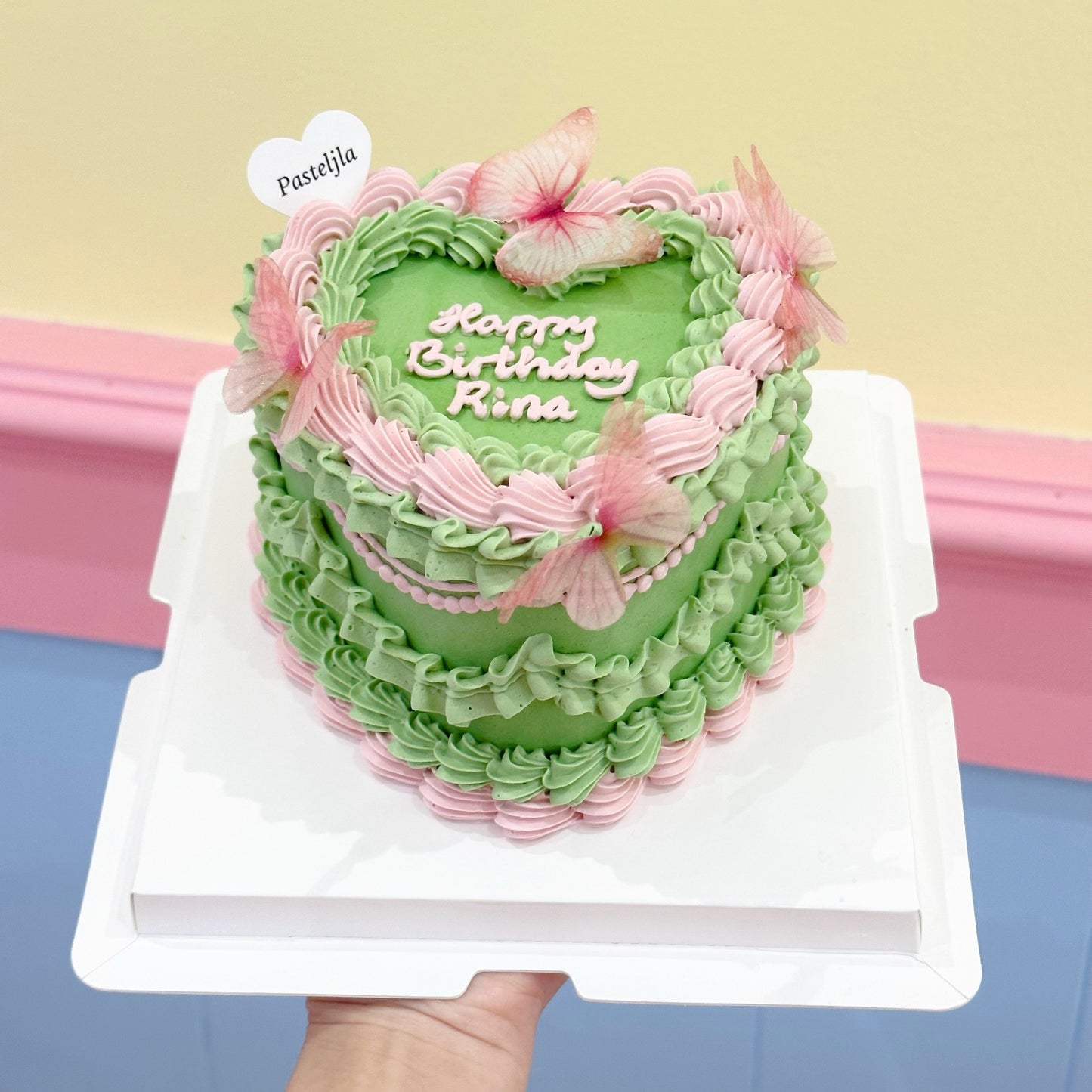 Green and pink butterfly cake
