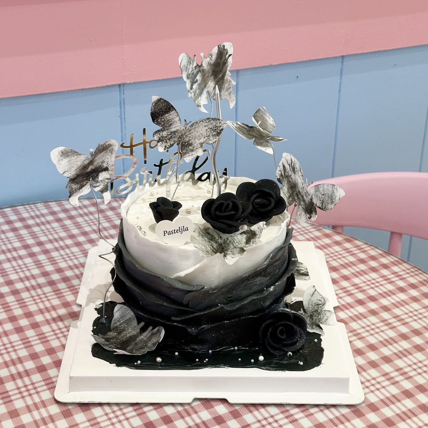 Black and white butterfly cake