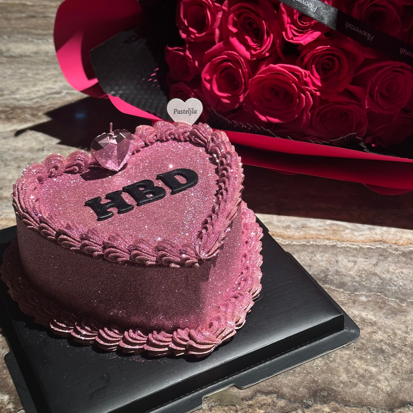 Pink heart shape glitter cake