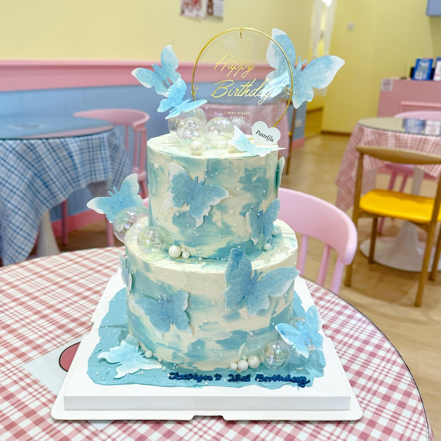 Two Tier Blue Butterfly Cake