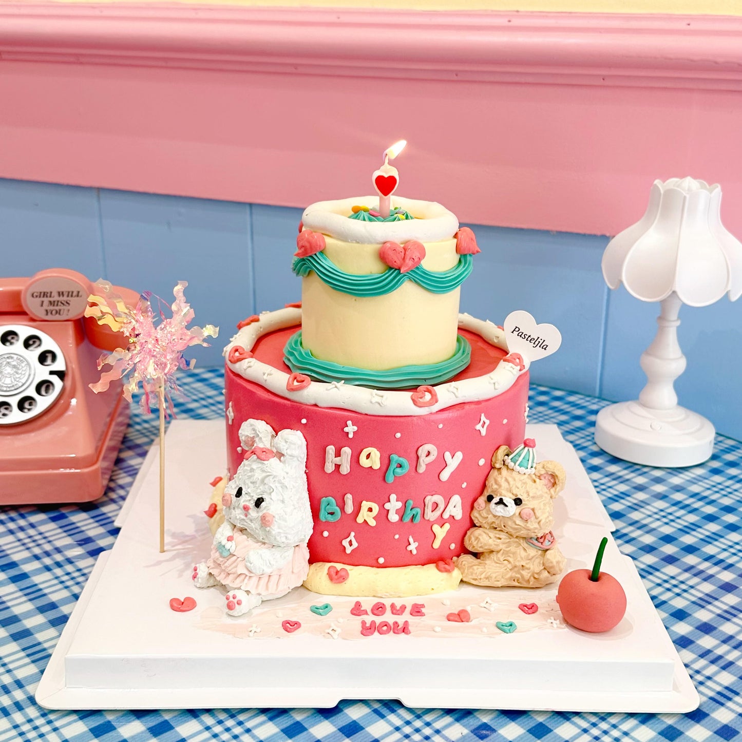 Two Tier Huggy Bear and Bunny Cake