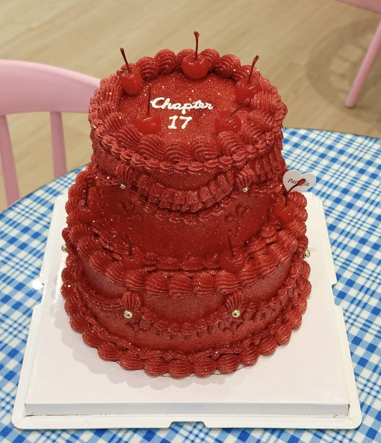 Two tier red glitter cake 