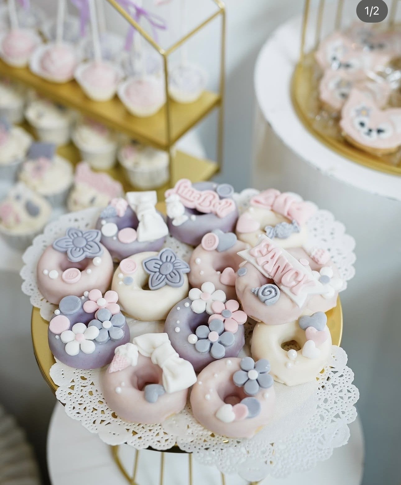Pink purple and white doughnuts