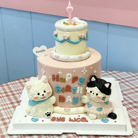 Two tier huggy dog and cat cake