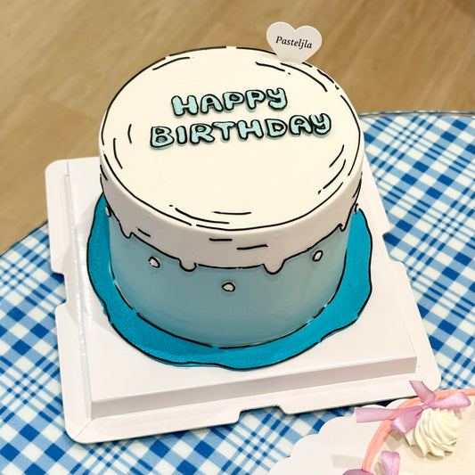 Blue and white 2D comic design cake