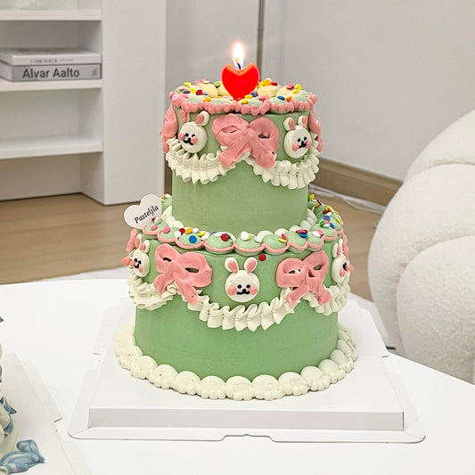 Two Tier Cute Bunny Ribbon Cake