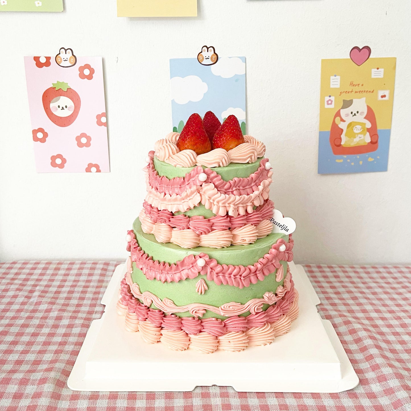Two Tier Green and Pink Vintage Strawberry Cake