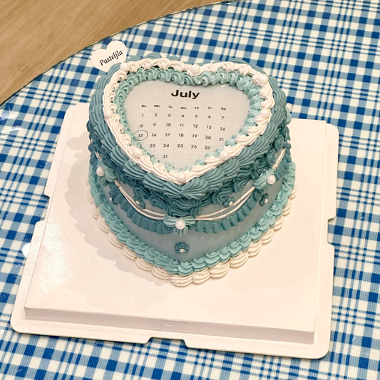 Blue and white heart shape burnaway cake