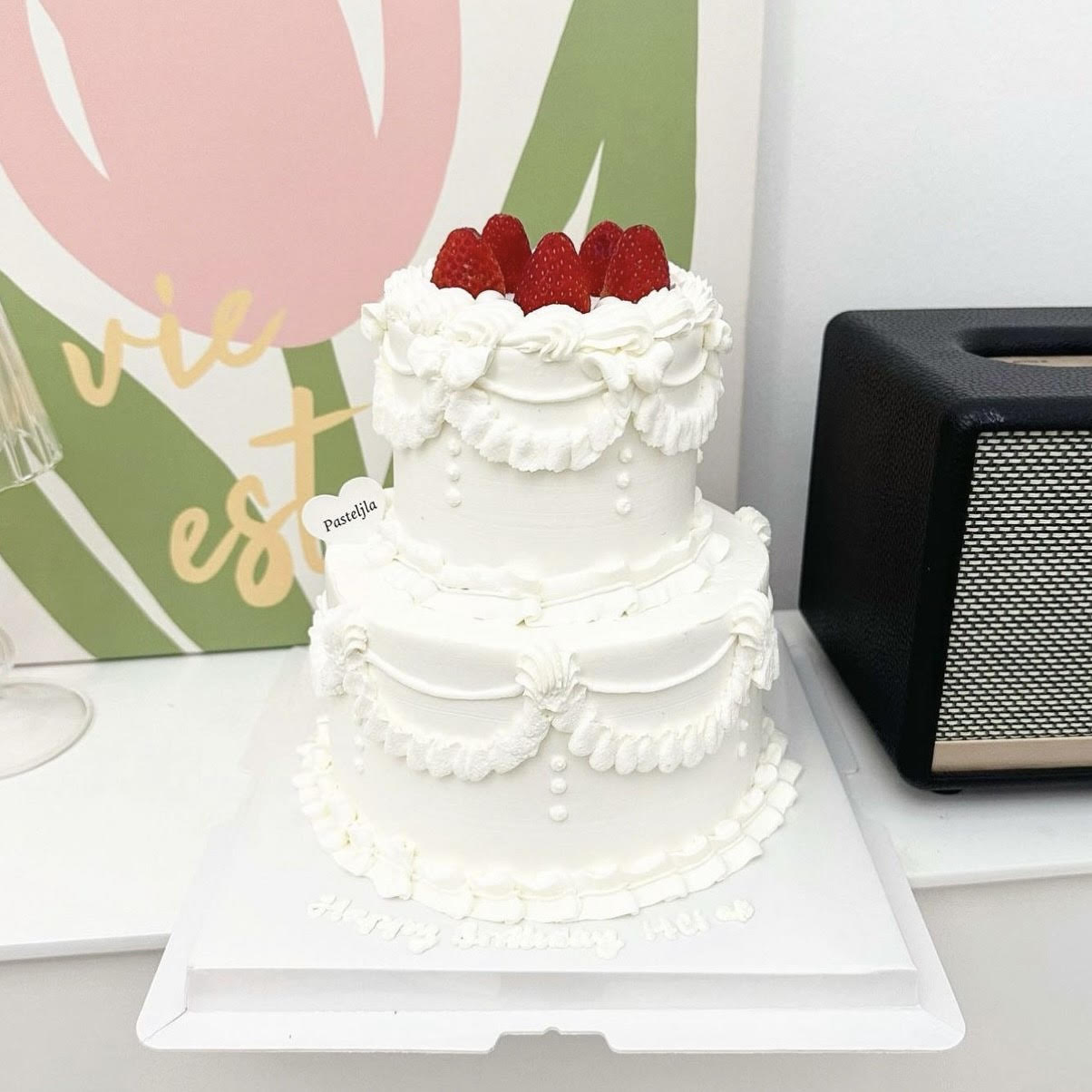 Two Tier Pure White Vintage Strawberry Cake